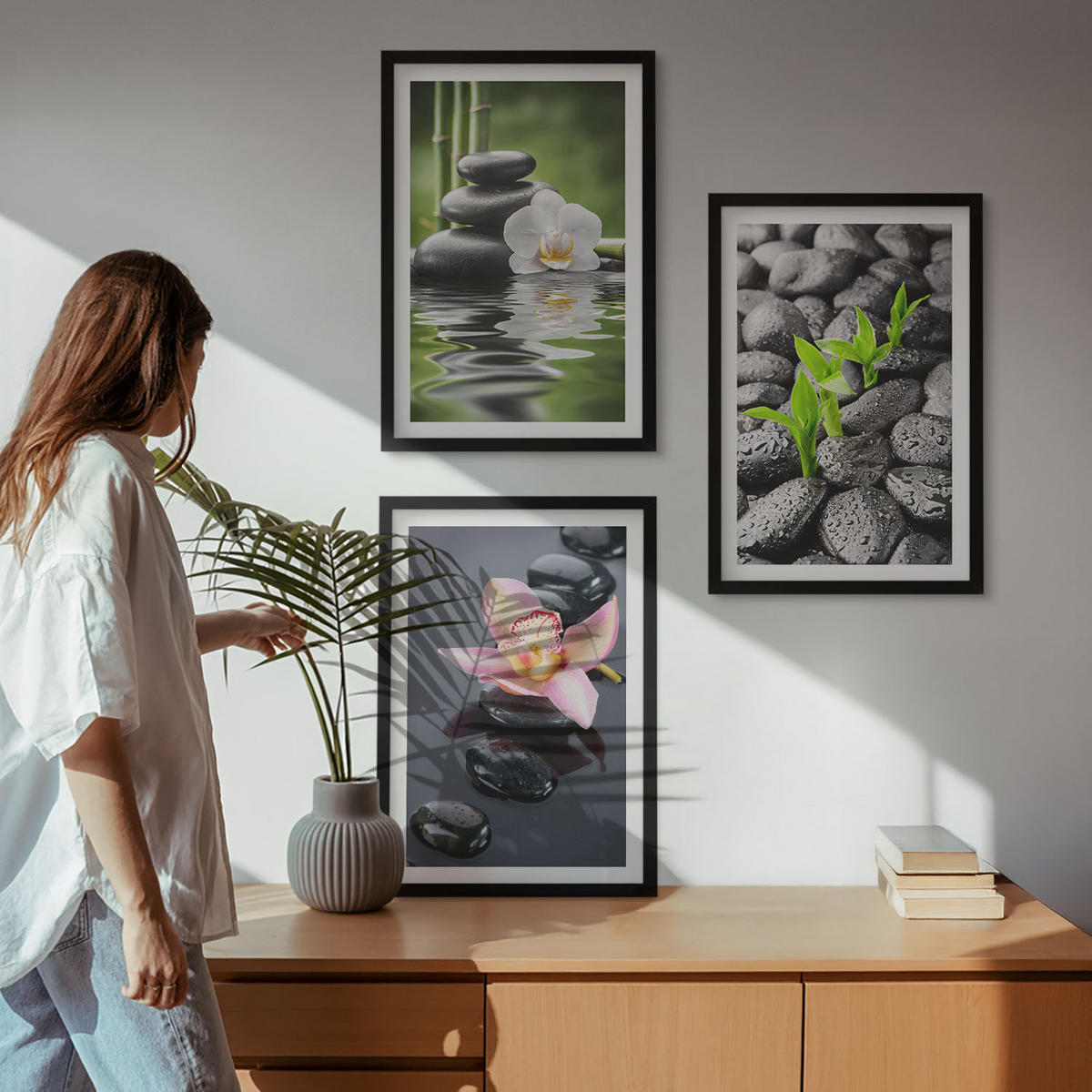 WANDBILDER 3er-Set - 40x60 cm Schwarzer Rahmen - Eine ruhige Zen-Komposition aus Blumen und Wasser - Schwarz, Kunststoff (40/60cm) - ArtPrintCave