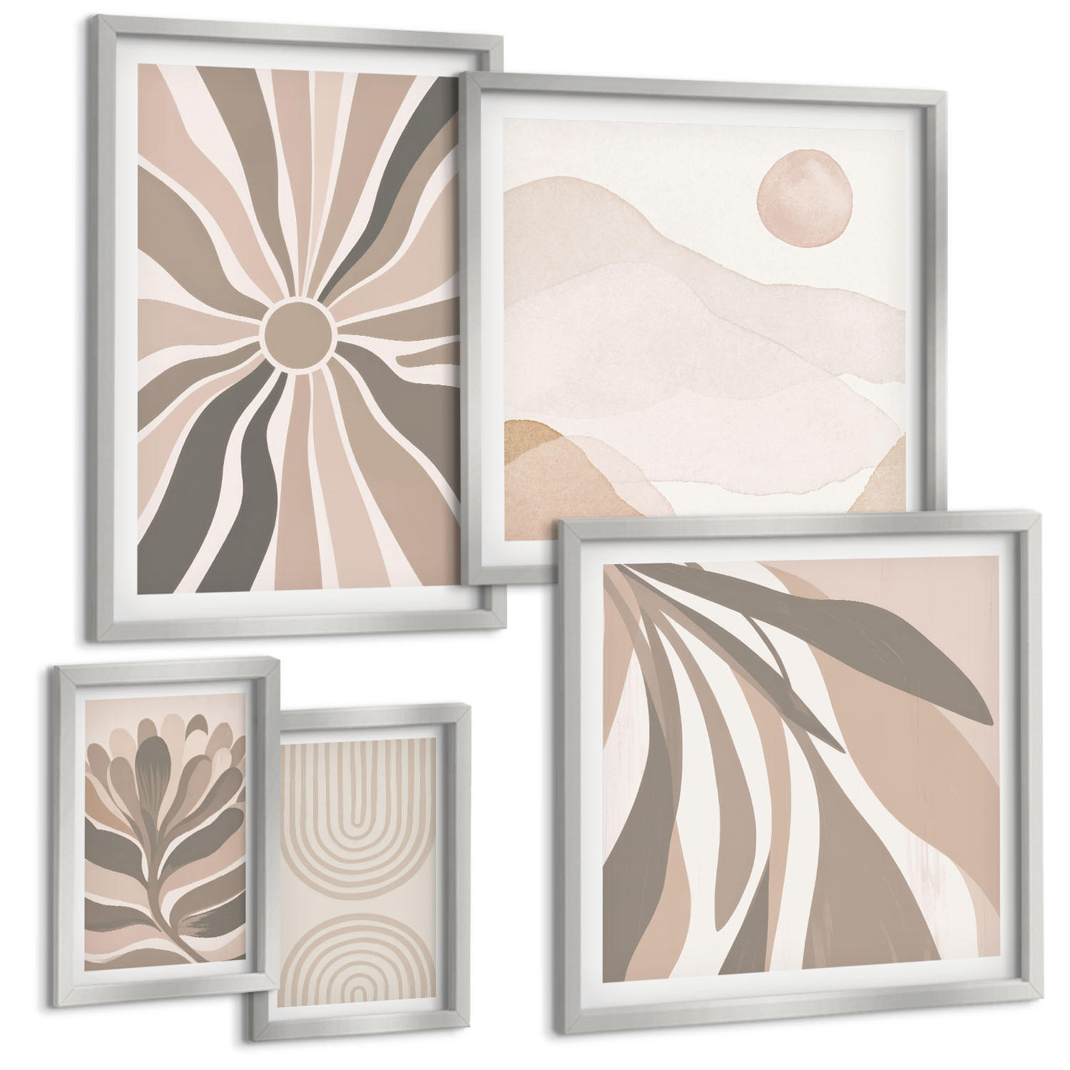 BILDER SET 5er Set - 50x50 cm & 20x30 cm & 40x60 cm Silberner Rahmen - Abstrakte Pflanzenmuster - Silberfarben, Kunststoff (40/60cm) - TULUP
