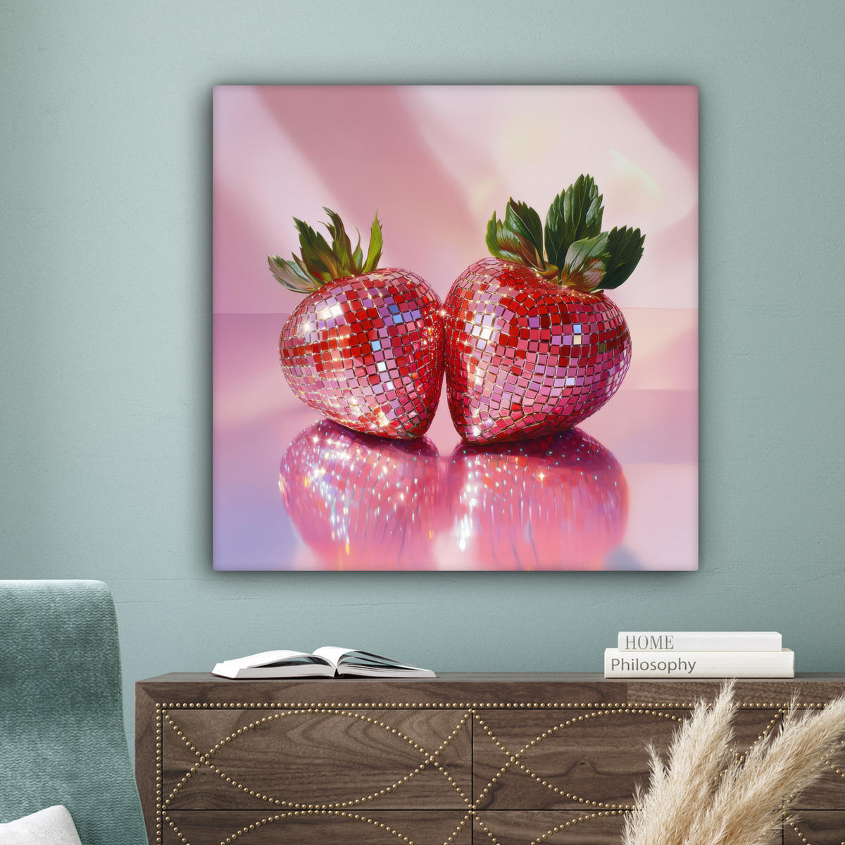 LEINWANDBILD Disco - Obst - Glitzer - Erdbeere 90x90 cm - Pink, Textil (90/90cm) - MuchoWow