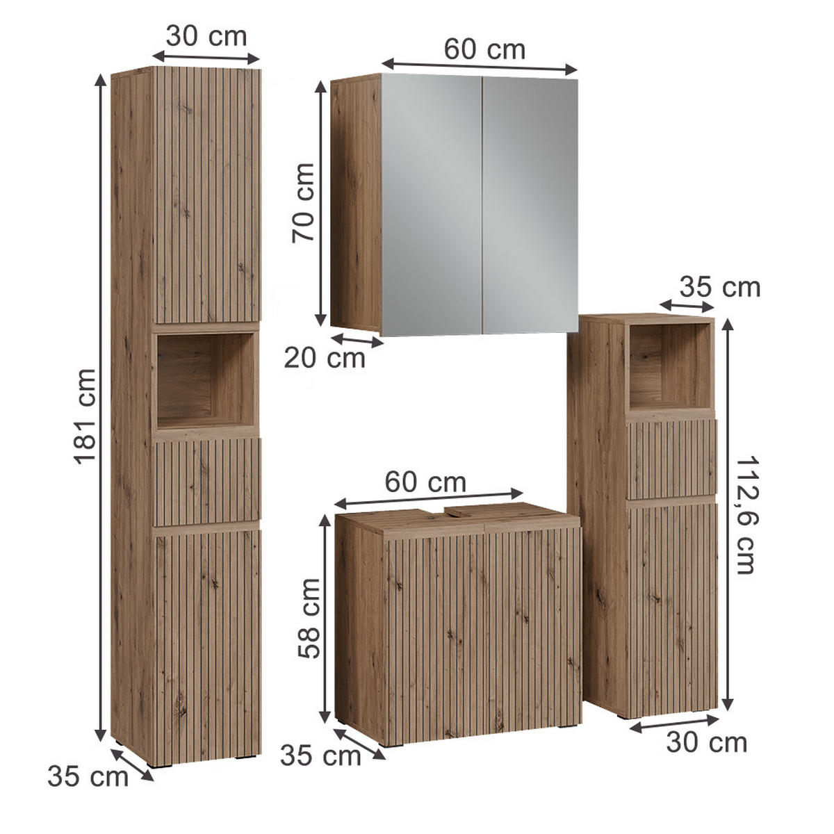 BADMÖBEL-SET Takumi Artisan 4 Teile - Hellgrau, Holzwerkstoff (60/58/35cm) - Vicco