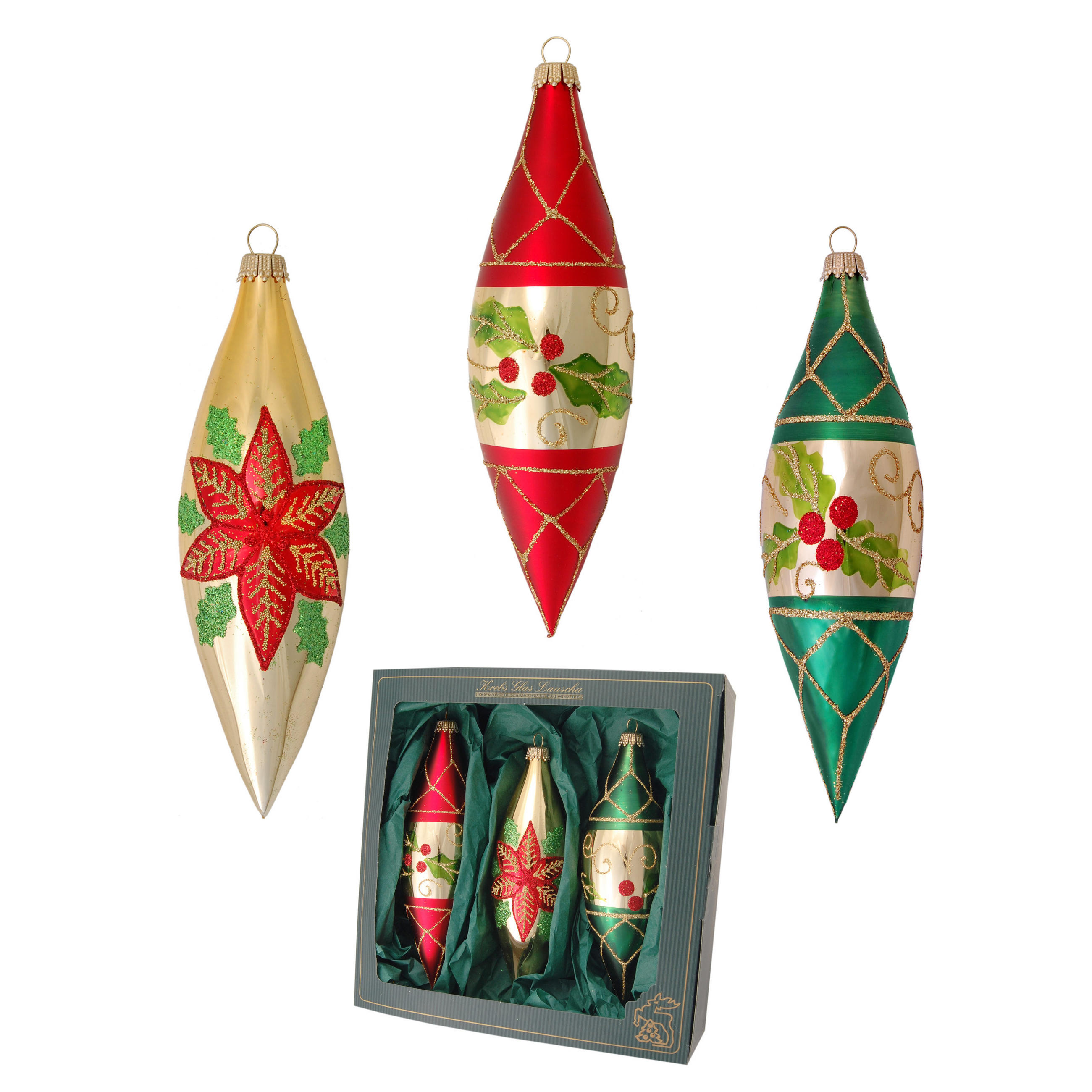 CHRISTBAUMSCHMUCK Ilex Oliven Mehrfarbig 14cm (Glas / 3 Stk.) - Multicolor, Glas (4/14/4cm) - Krebs Glas Lauscha