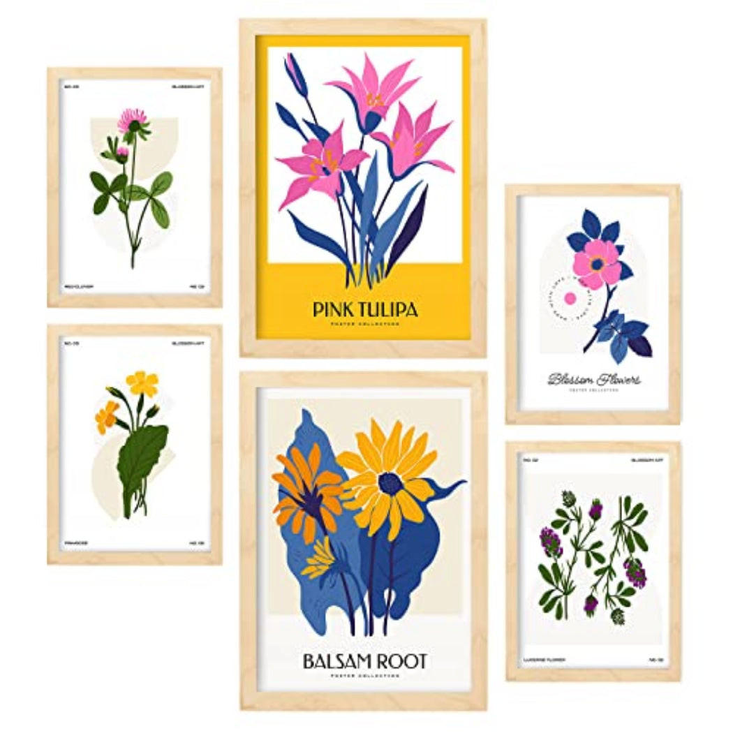 POSTER Set Mit 6 Blumen Wilde Blumensträuße Natur Und Botanikdrucke Für Innenarchitektur A3 & A4 Rahmen Aus Hellem Holz - Beige, Papier (29/3cm) - Nacnic
