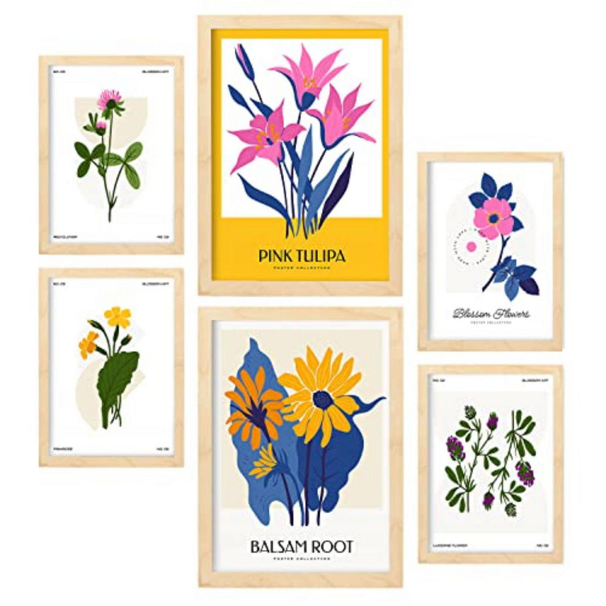 POSTER Set Mit 6 Blumen Wilde Blumensträuße Natur Und Botanikdrucke Für Innenarchitektur A3 & A4 Rahmen Aus Hellem Holz - Beige, Papier (29/3cm) - Nacnic
