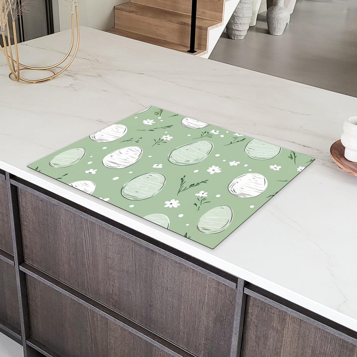 HERDABDECKPLATTE Grün - Eier - Muster Induktionsmatte 77x59 cm - Waldgrün, Kunststoff (77/59/0.2cm) - MuchoWow
