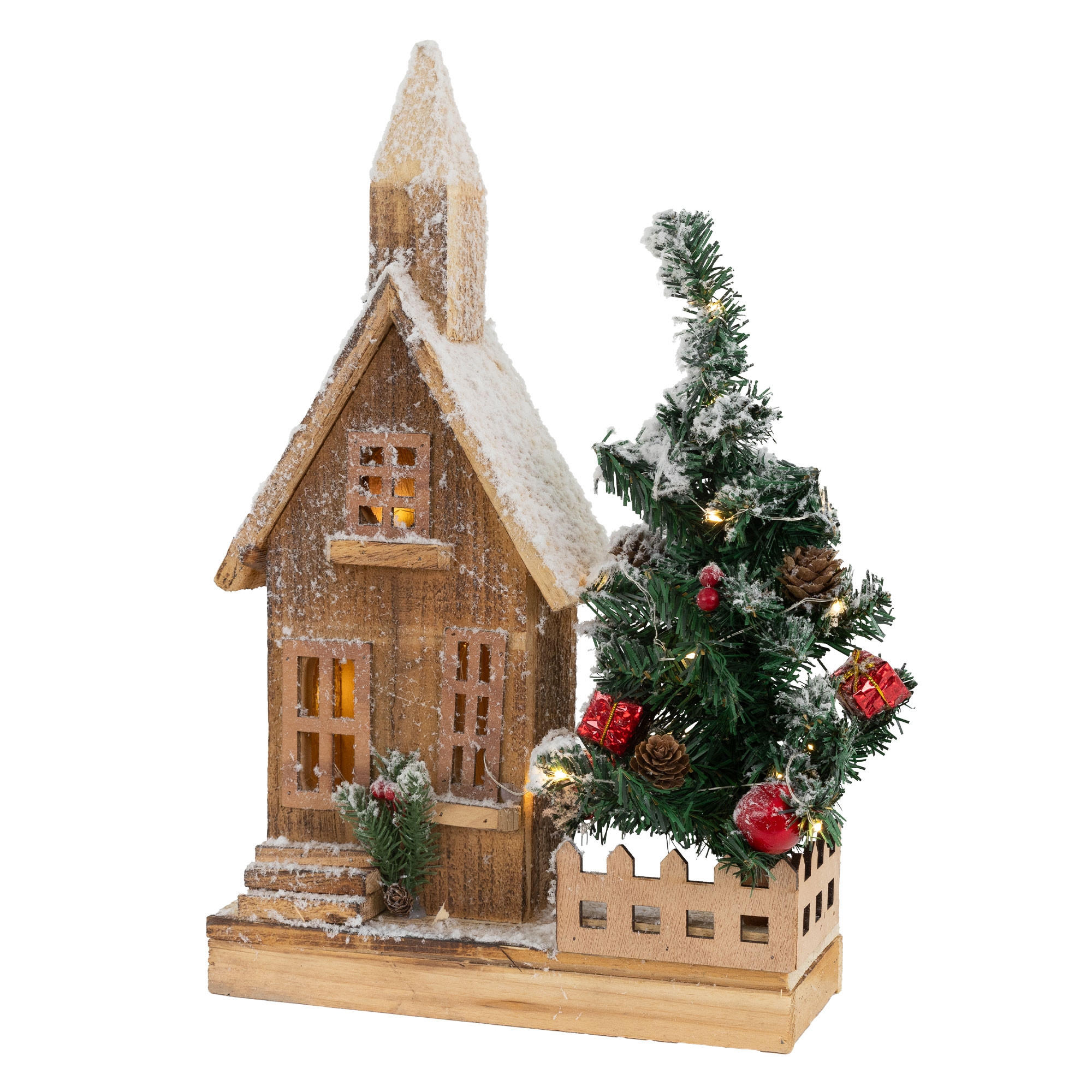 WEIHNACHT HAUS mit Baum - Braun, Holz (11/44/27cm)