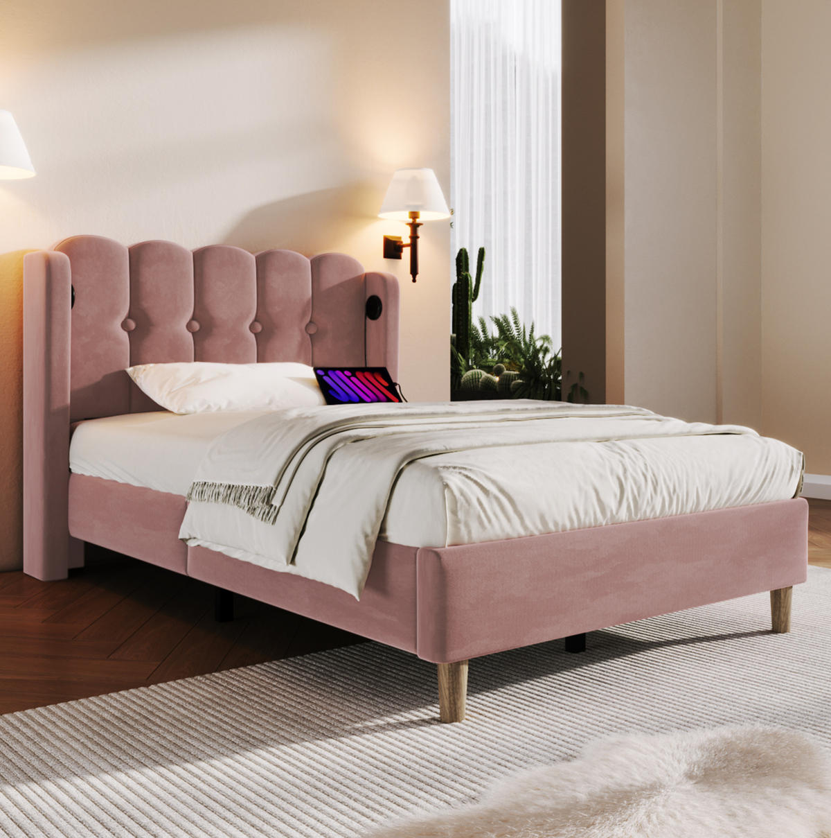 POLSTERBETT mit USB- und Typ-C-Anschlüssen 90x200 cm Samt Rosa - Pink, Metall (90/200cm) - Beauniv