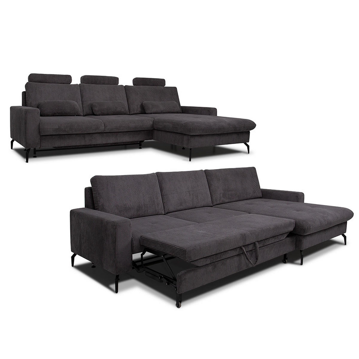 SOFA L FORM Beata Anthrazit 302 x 180 cm mit Bettkasten - Anthrazit, Textil (302/180cm) - VitaliSpa