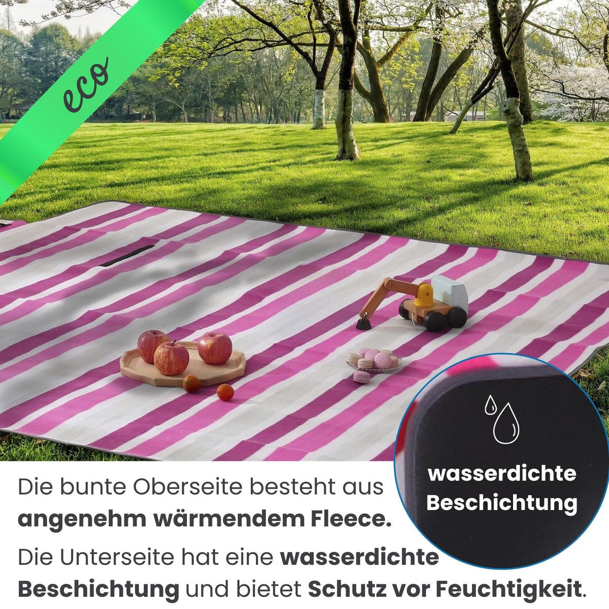 PICKNICKDECKE XXL 200x200 ecoline 100% recyceltes Fleece Streifen pink - Weiß, Textil (200/200cm) - wometo