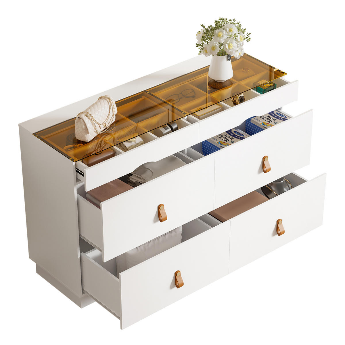 SIDEBOARD se skleněnou deskou, 120/40/78 cm, bílá, 6 zásuvek - bílá, kompozitní dřevo (120/78/40cm) - Modenvie