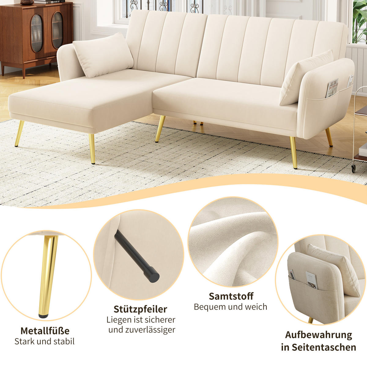 ECKSOFA 191,5/130,5/80 cm beige aus Samt mit Schlaffunktion - Beige, Textil (130/191.5cm) - OKWISH