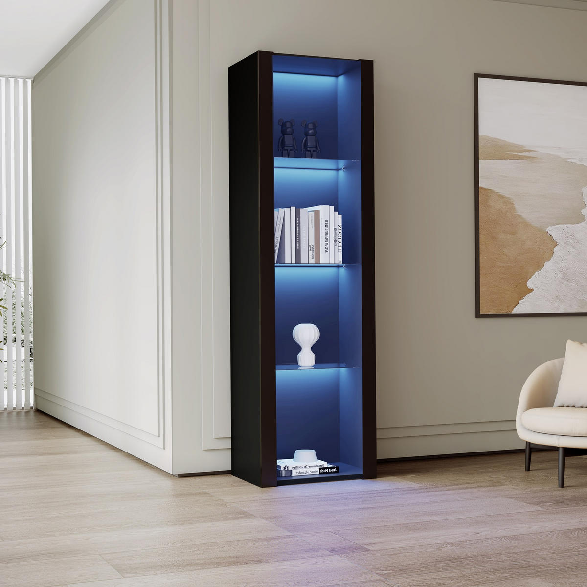 VITRINE 55/38/166 cm schwarz aus Spanplatte mit LED und 3 Glasböden - Schwarz, Holzwerkstoff (55/166/38cm) - OKWISH