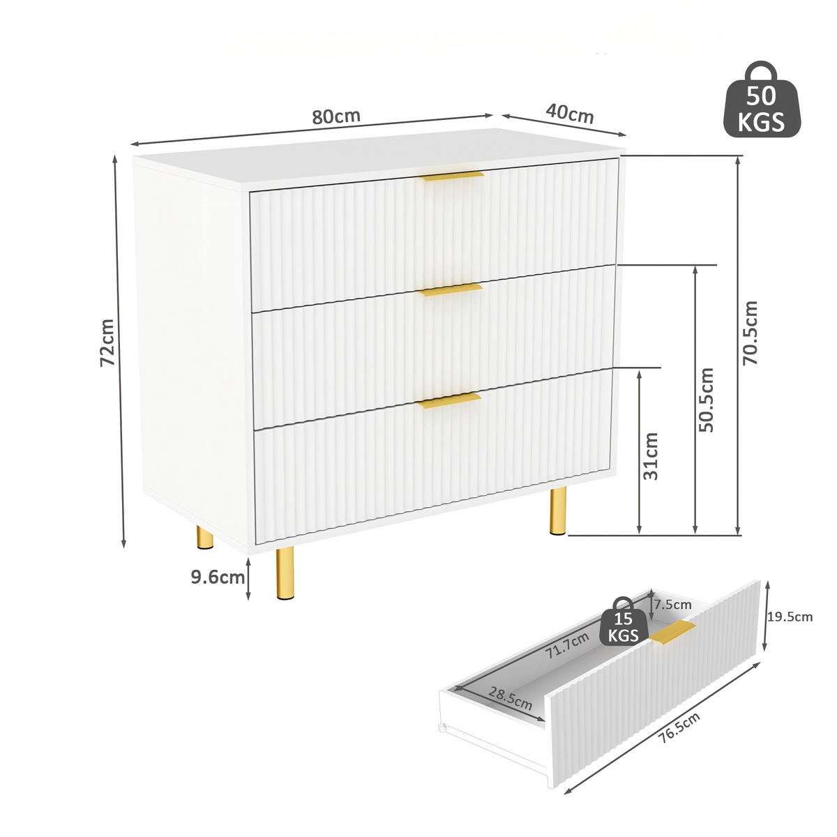 KOMODA z MDF 40/80/72 cm se 3 zásuvkami, reliéfním čelem a zlatými kovovými nohami, Bílá - bílá, kompozitní dřevo (80/72/40cm) - Redom