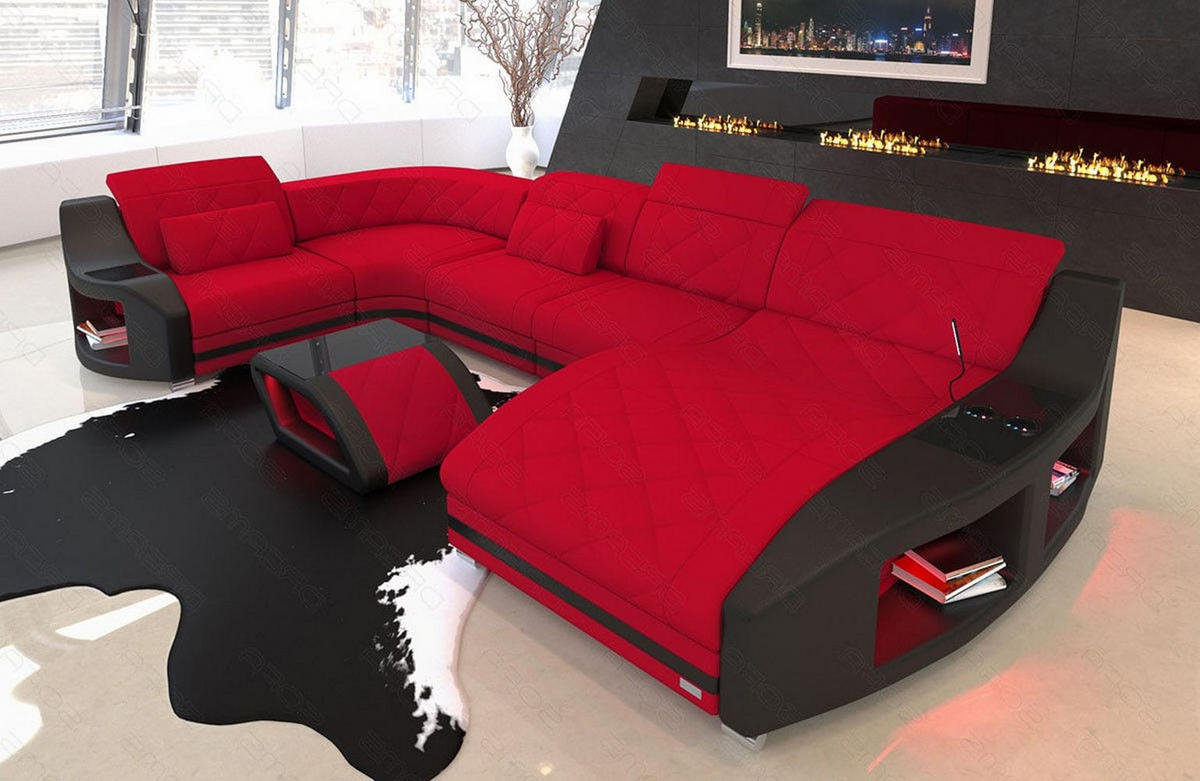 WOHNLANDSCHAFT Stoff Sofa Swing U Form Rot Schwarz Mikrofaserstoff - Rot, Kunststoff (404/90/220cm)