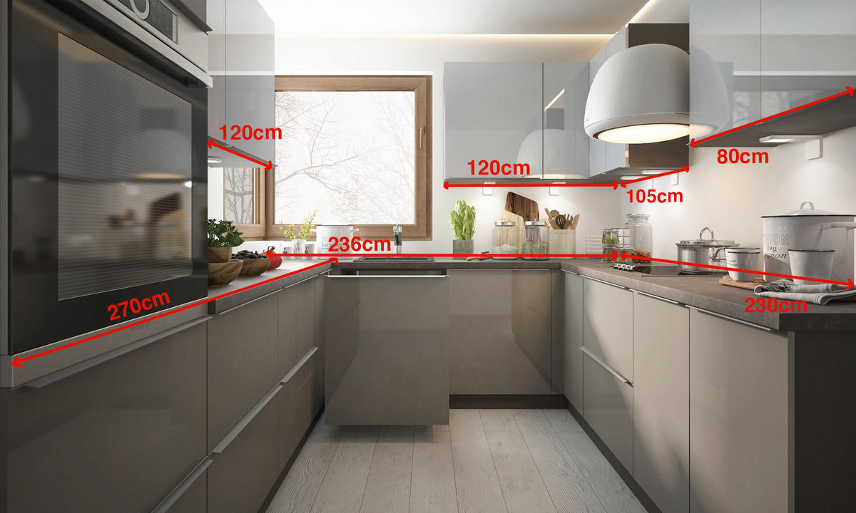 WINKELKÜCHE Brerra lava matt / signalweiß-quarzgrau hochglanz 15-teilig - Grau, Holzwerkstoff (270/207/236cm) - Feldmann-Wohnen