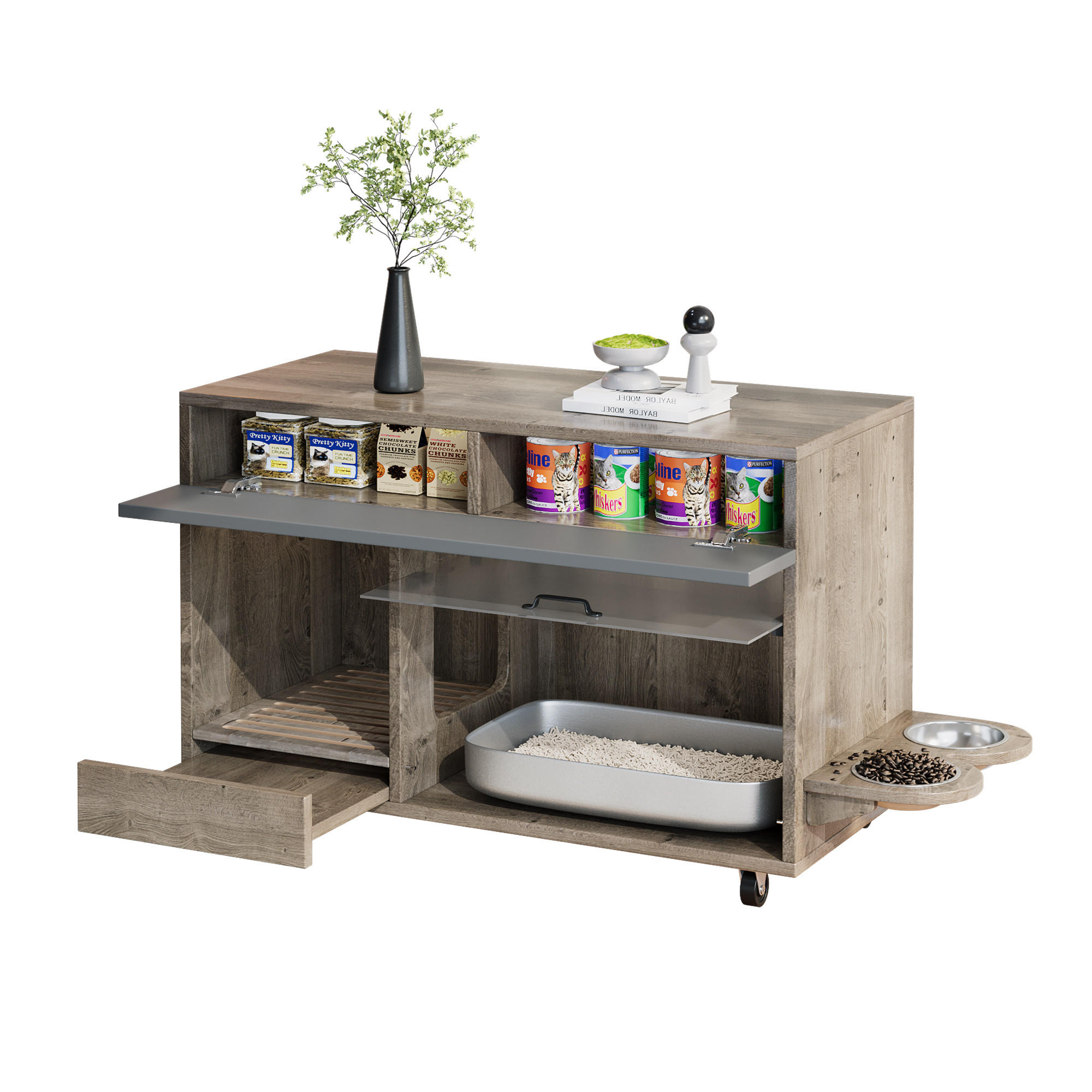 SIDEBOARD Katzentoiletten-Schrank mit versteckter Acryl Tür und Stauraum, MDF Holzoptik kompakt - Transparent/Eichefarben, Holzwerkstoff/Kunststoff (100/67/45.5cm) - EVRYAE