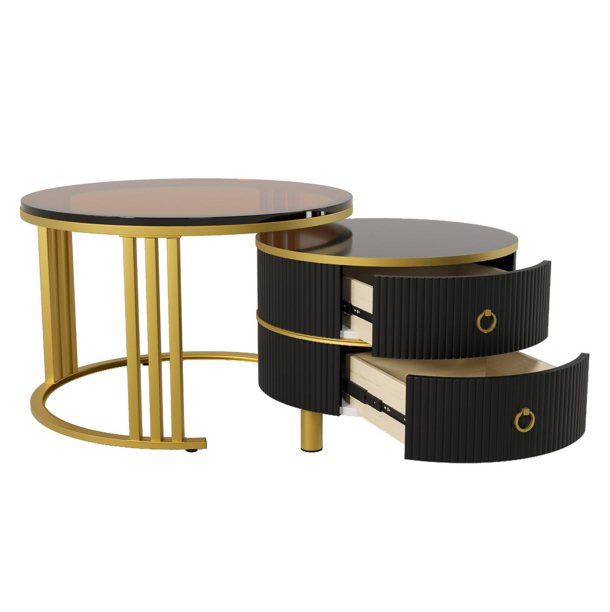 COUCHTISCH-SET 70/50 cm mit 2 Schubladen und gehärteter Glasplatte - Schwarz, Holzwerkstoff (70/70/45cm) - BEAOK