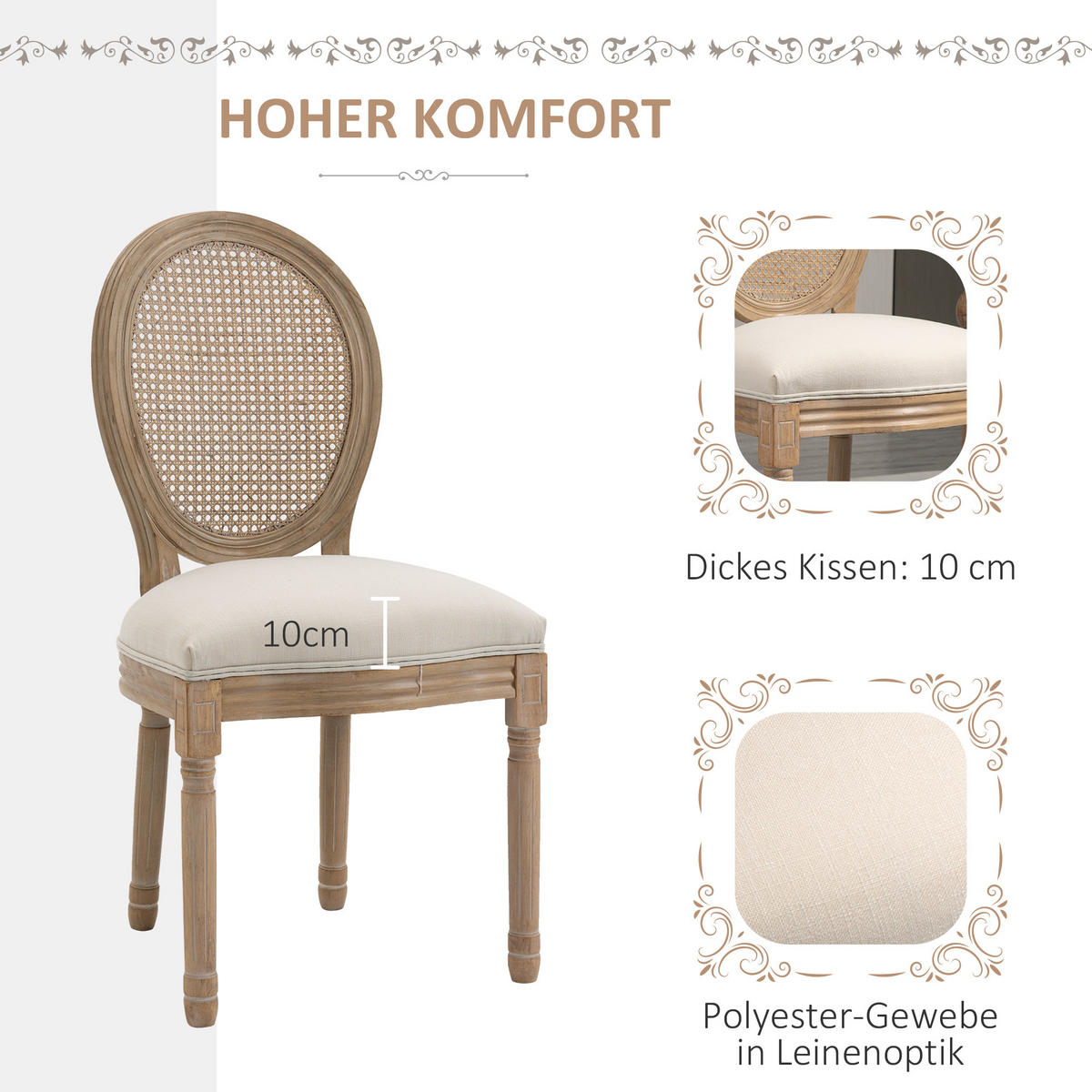 2ER Set Esszimmerstühle Küchenstuhl mit Rattan-Rückenlehne Linen-Touch - Creme/Naturfarben, Holz/Textil (56/96/49cm) - HOMCOM
