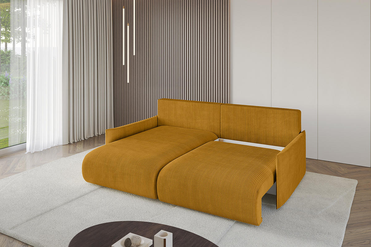 ECKSOFA mit Schlaffunktion und Bettkasten ONESK-L -v1 208x165x40 Senfgelb Cord - Currygelb, Holzwerkstoff/Kunststoff (208/165cm) - ALTDECOR
