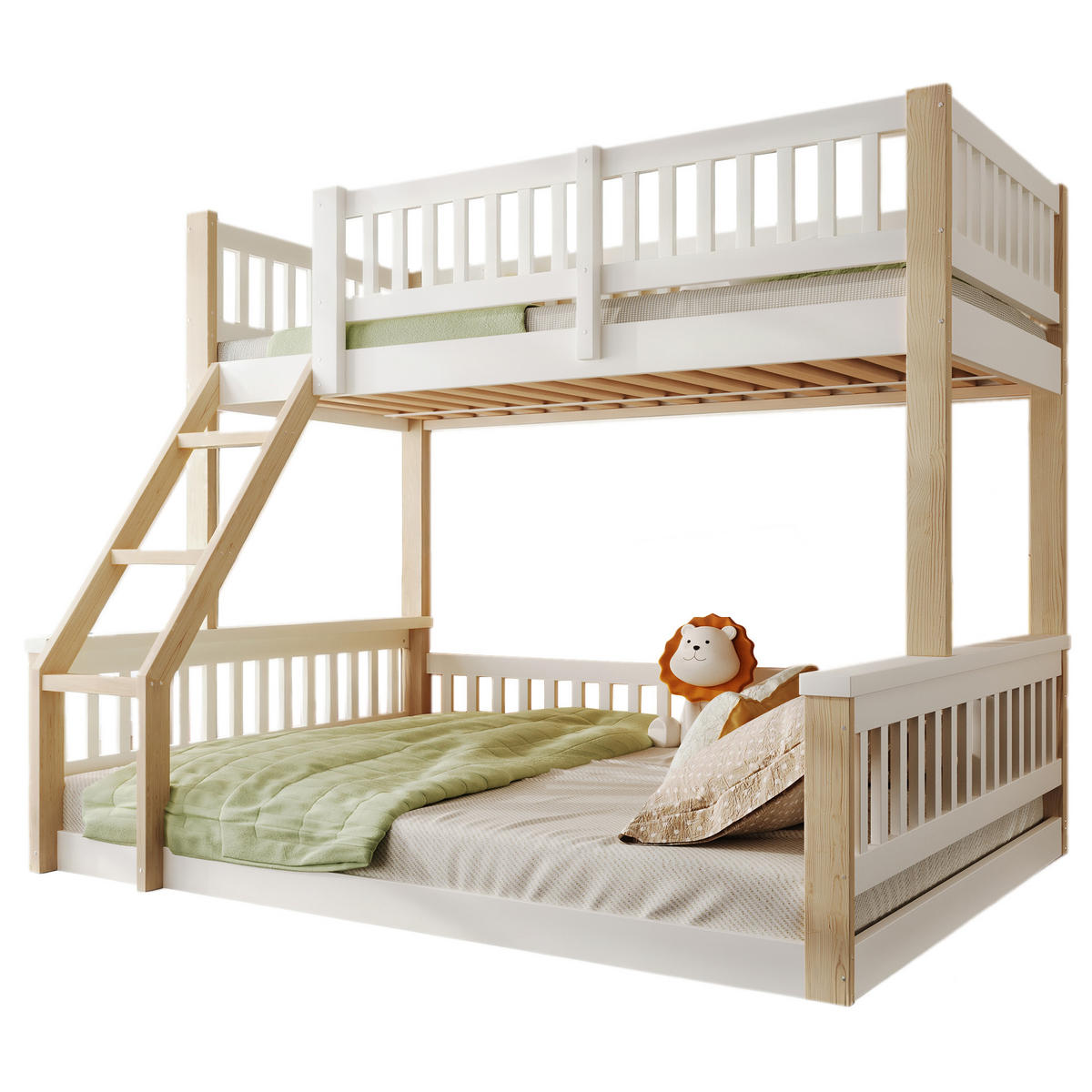 ETAGENBETT 90x200cm + 140x200cm Weiß + Natur Leiter Bettgitter - Multicolor, Holz (140/200cm) - FLIEKS