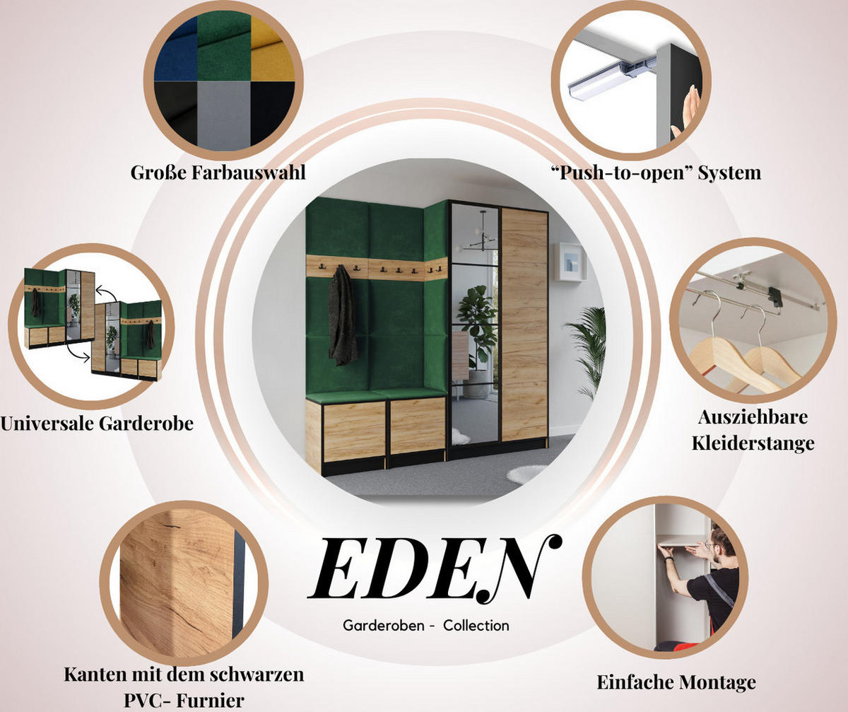GARDEROBENSCHRANK EDEN 21 mit Spiegel - Eiche Craft Gold & Stoff Ökoleder Schwarz - Honigeiche, Holzwerkstoff (211/205/39cm) - Kier Furniture