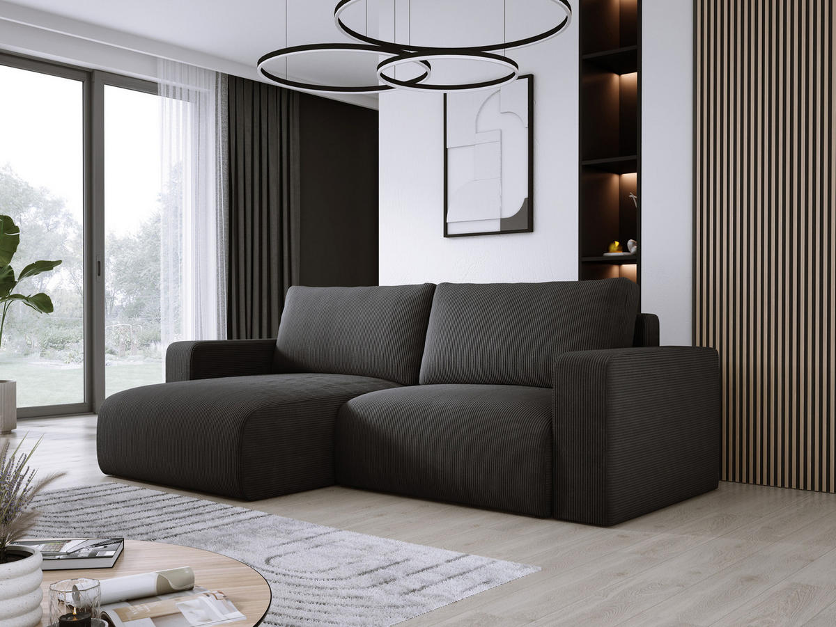 ECKSOFA Carl L-förmig Schlaffunktion und Bettkasten weicher Cordstoff flexibel stellbar lose Rückenkissen freistehend LINKS 143x247x83cm Black - Schwarz, Holz/Textil (143/247cm) - DomoHome