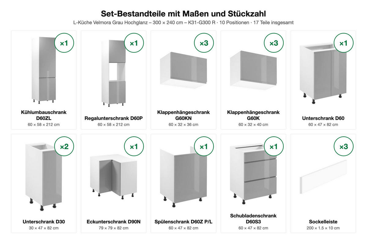 ECKKÜCHE – 300 cm – K31-G300 R – Velmora – Grau – ohne E-Geräte - Grau, Holz (300/212/240cm) - ROYAL24_MARKT