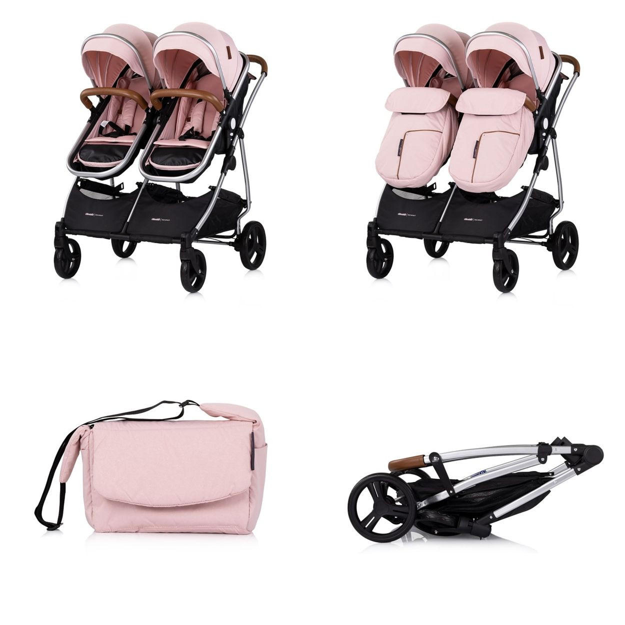 GESCHWISTERKINDERWAGEN Duo Smart pink klappbar, umbaubar, verstellbar, Fußsack - Pink, Metall (80/75/104cm) - Chipolino