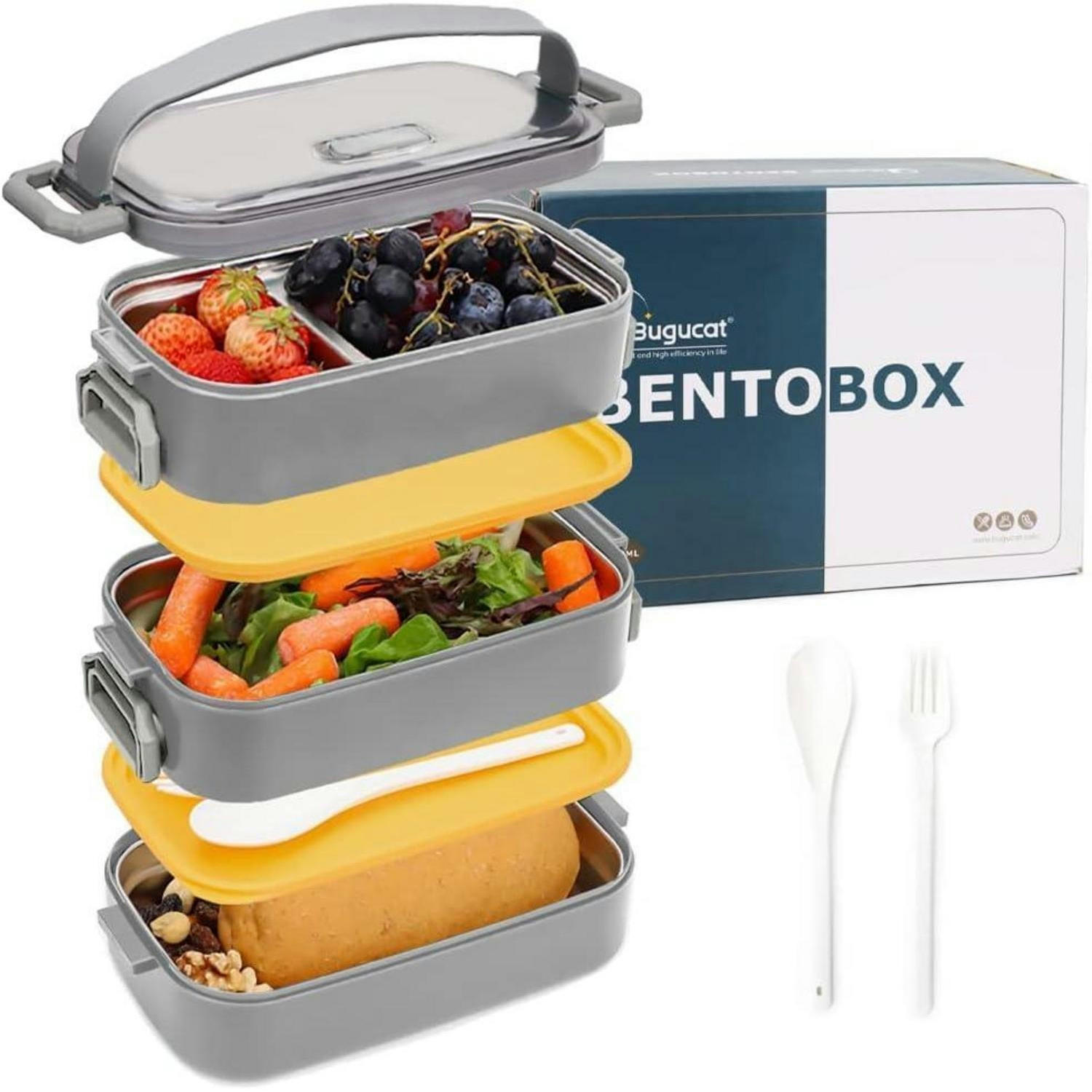 BENTO Box Edelstahl 1700 ml Grau mit Besteck - Grau, Metall (19.5/16/19.5cm)