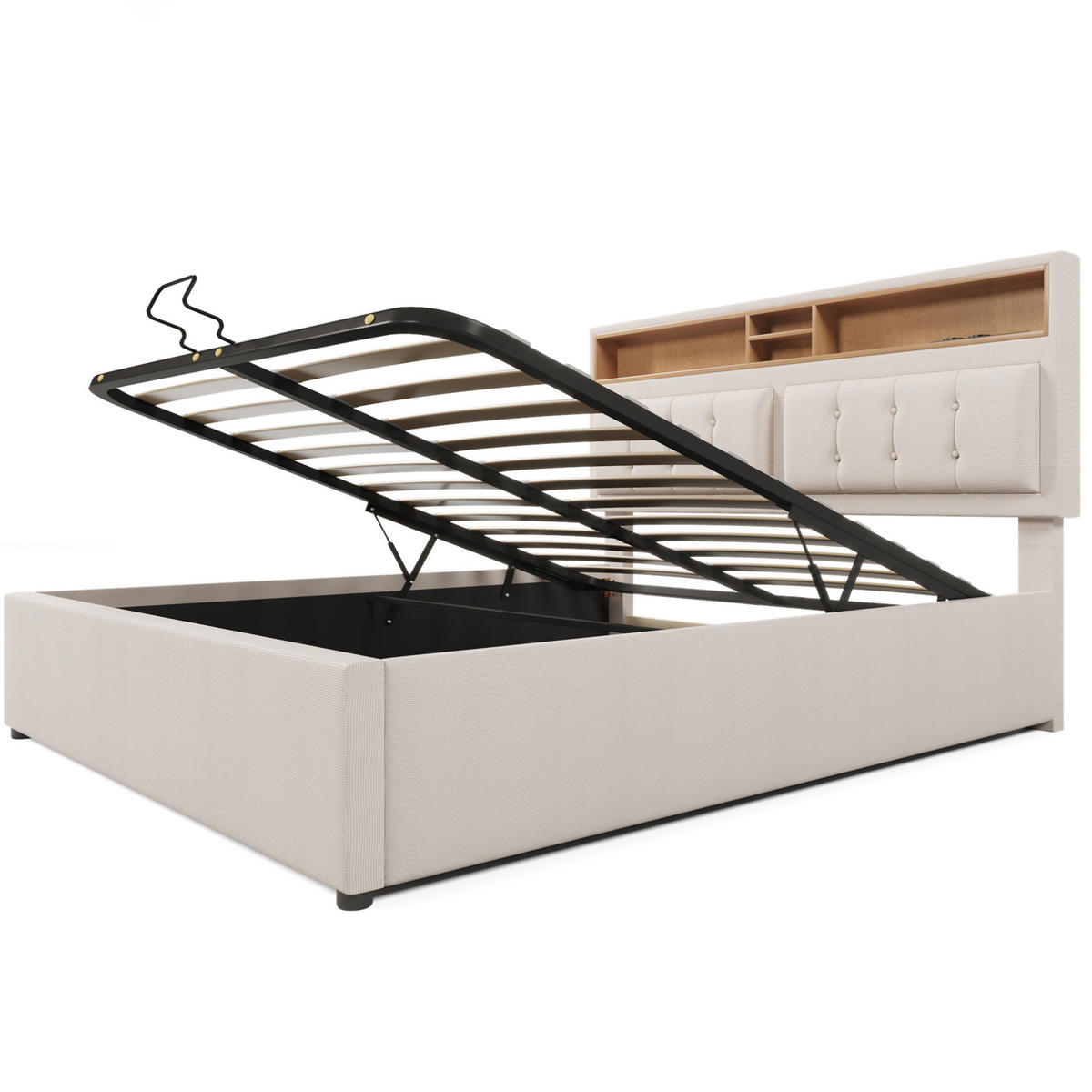POLSTERBETT mit Stauraum und USB/Type-C 160x200 cm Leinen Beige - Beige, Metall (160/200cm) - Meubliv