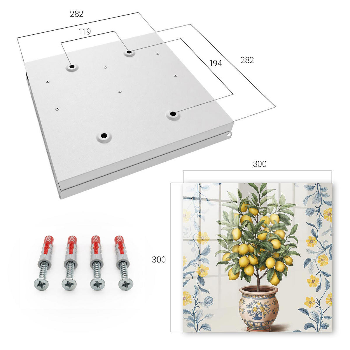 SCHLÜSSELBOX Weiß 30x30 cm – Türöffnung nach rechts - Zitronenbaum - Grün, Metall (30/30/5cm) - TULUP