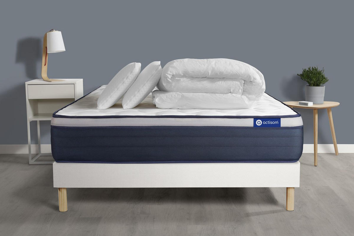 BETT Actiflex max Taschenfederkern und Memory-Schaum 140 x 200 cm h3 - Kit Bettgestell Weiß - Mit Kissen und Bettdecke - Beige/Weiß, Holz/Textil (140/200cm) - ACTISOM