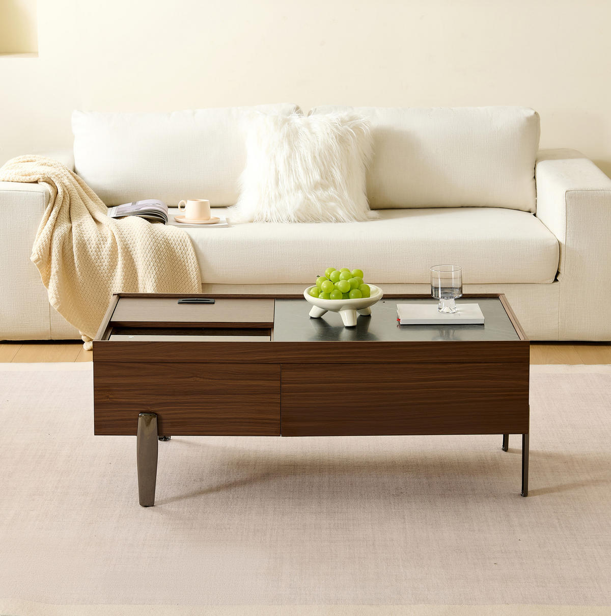 COUCHTISCH mit Schubladen & Glasplatte, MDF dunkelbraun, silbergraue Metallbeine, 105/50/41,5 cm, Dunkelbraun und dunkles Marmormuster - Dunkelbraun, Holzwerkstoff (105/50/41.5cm) - Redom