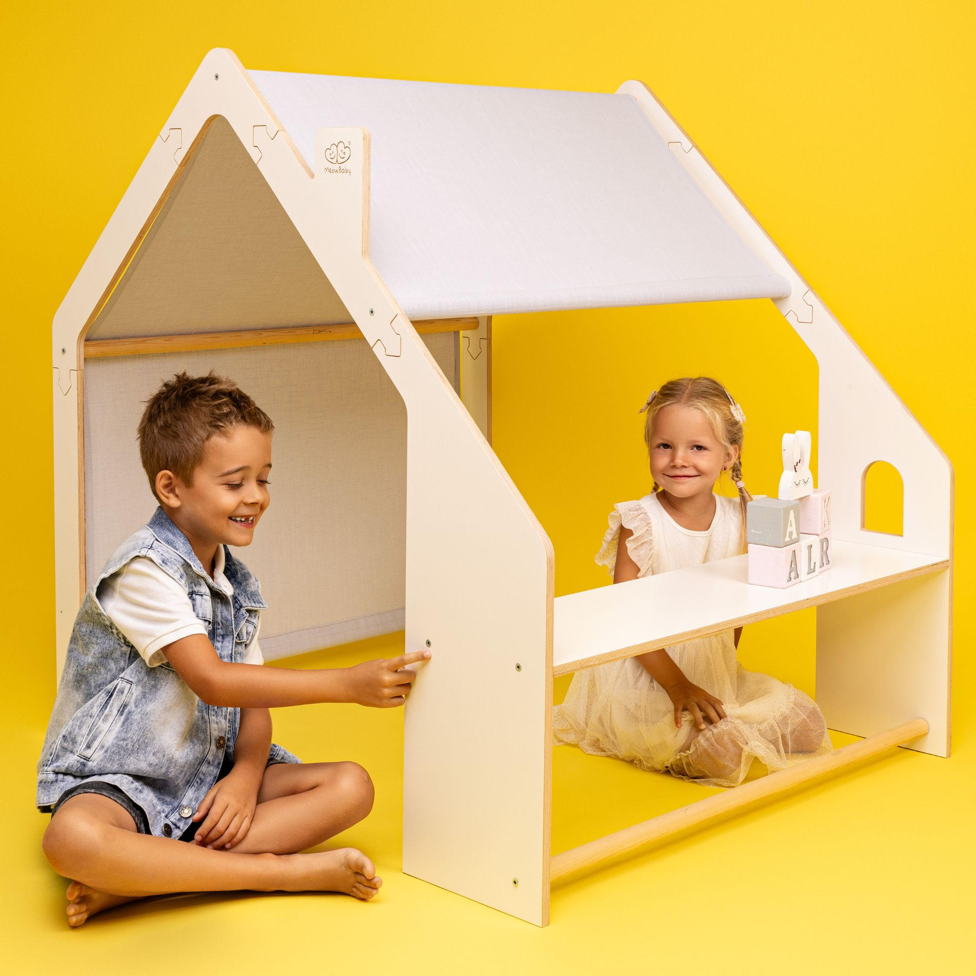 HOLZHÄUSCHEN Für Kinder mit Blauem Dach, Zarter Stoff, Spielhaus, Weiß - Weiß/Hellblau, Holz (110/112/98cm) - MeowBaby