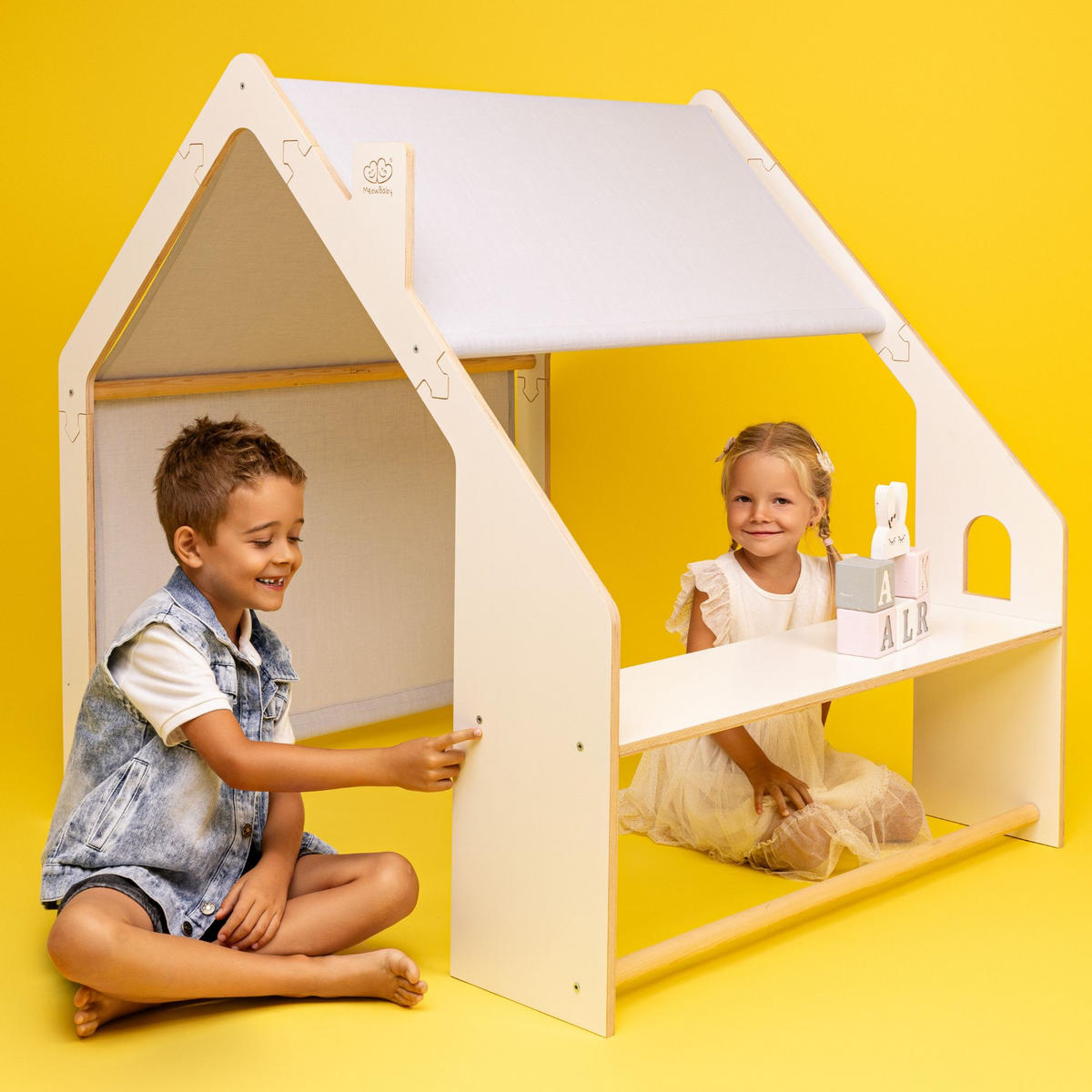 HOLZHÄUSCHEN Für Kinder mit Blauem Dach, Zarter Stoff, Spielhaus, Weiß - Weiß/Hellblau, Holz (110/112/98cm) - MeowBaby