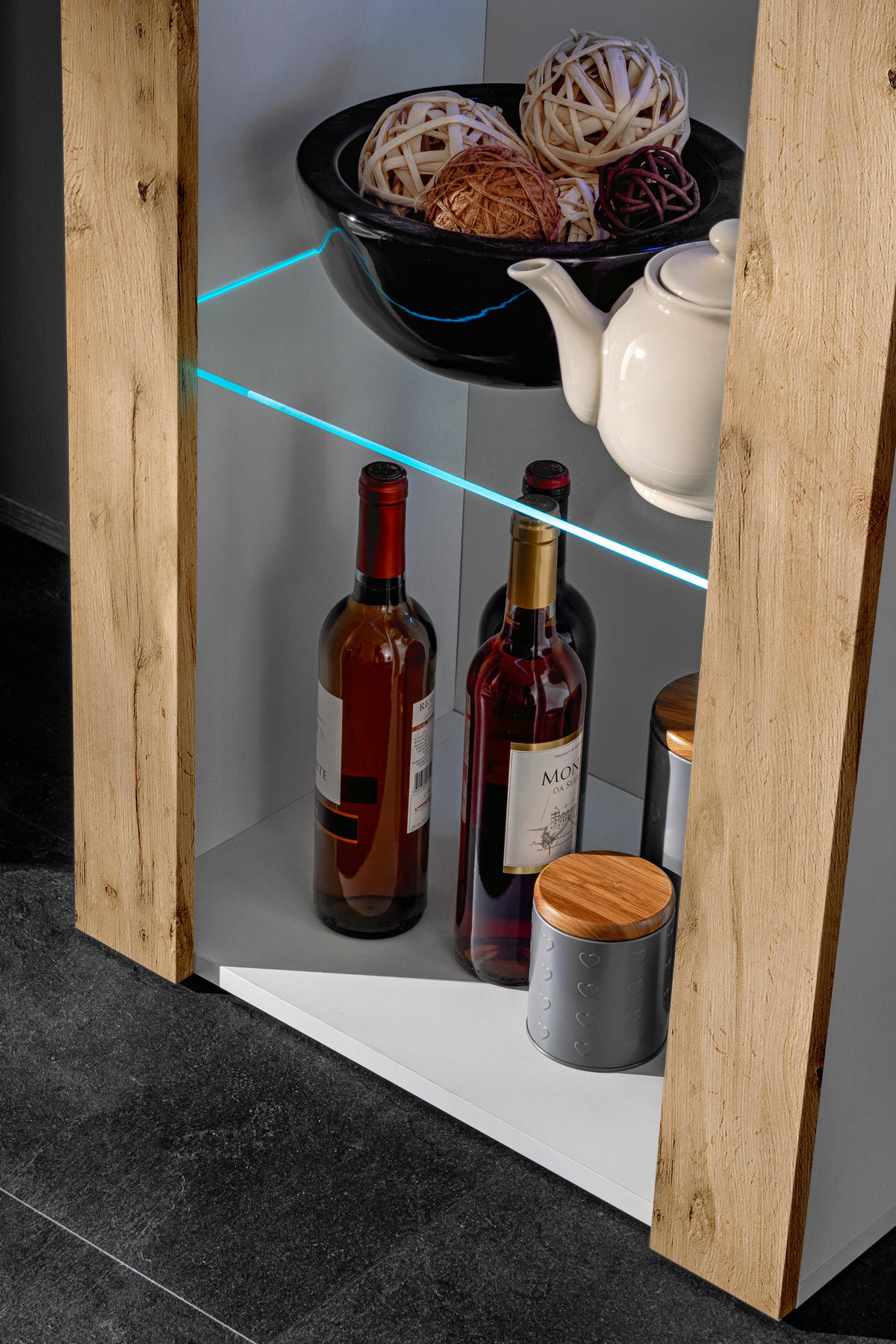VITRINE TIVOLI, Weiß + Eiche Wotan, LED Blau - Eiche Wotan/Weiß, Glas/Holzwerkstoff (55/159/35cm) - Komodee