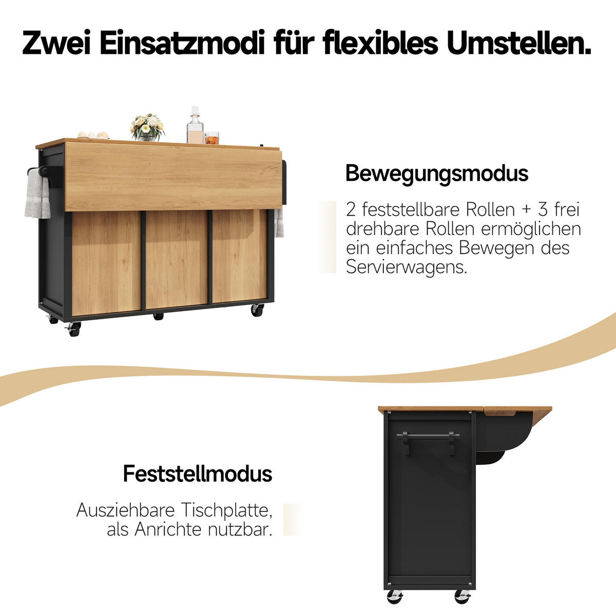 KÜCHENINSEL 137.9x73x92.5cm Schwarz mit Doppeltüren & 4 Rollen - Schwarz, Holzwerkstoff (137.9/92.5/73cm) - Modfu