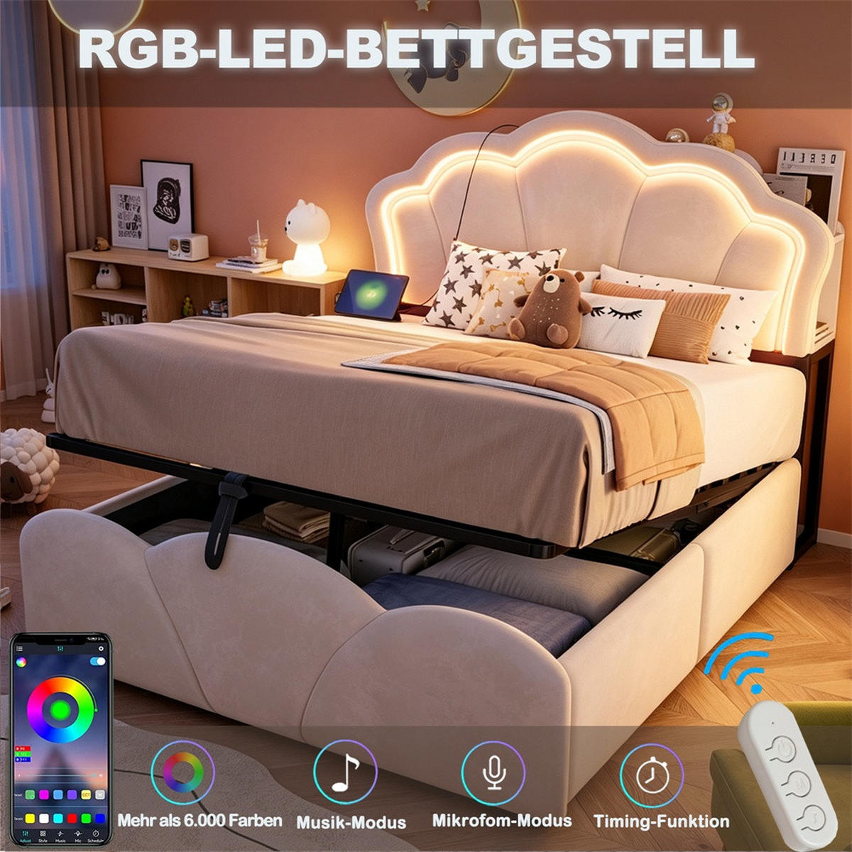 POLSTERBETT 140x200 cm mit hydraulischem Stauraum - LED Beleuchtung & Ladeanschluss - Beige - ohne Matratze - Beige, Textil (140/200cm) - DELFA