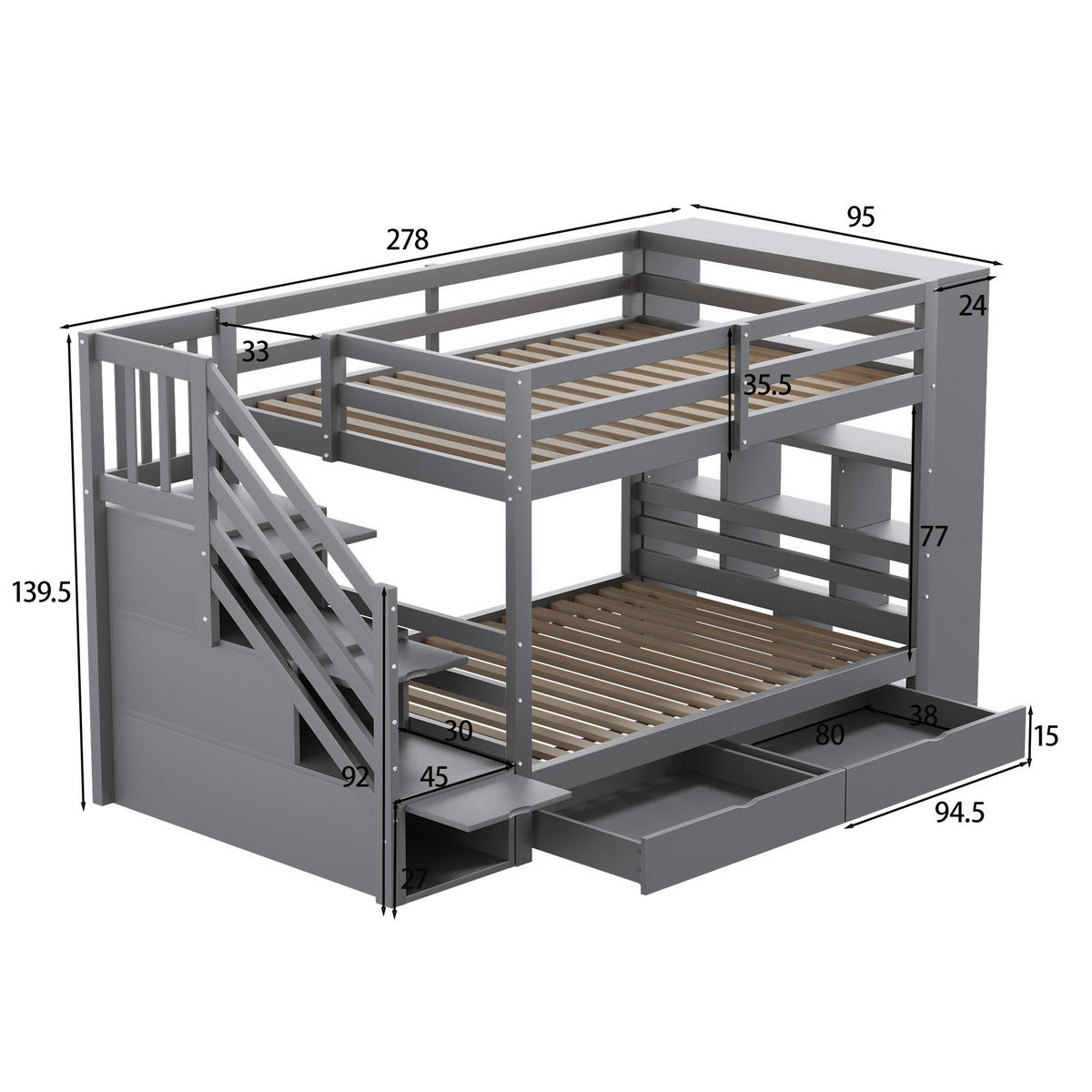 ETAGENBETT Modell Grau 90 x 200 cm - Grau, Holz (90/200cm) - ComfortXL