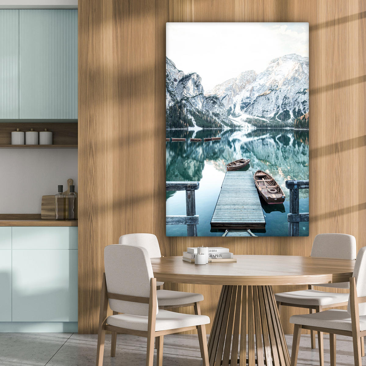 LEINWANDBILD Natur - Berge - Schnee - Wald - Boot 80x120 cm - Hellgrün, Textil (80/120cm) - MuchoWow