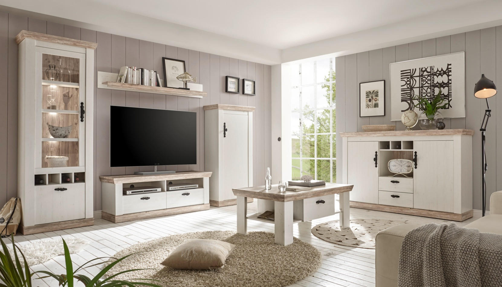 WOHNWAND Pinie weiß, Oslo Pinie Landhaus, Schrankwand 4-teilig, 296 x 201 cm - Anthrazit/Weiß, Holzwerkstoff/Metall (296/201/44cm) - Furn.Design