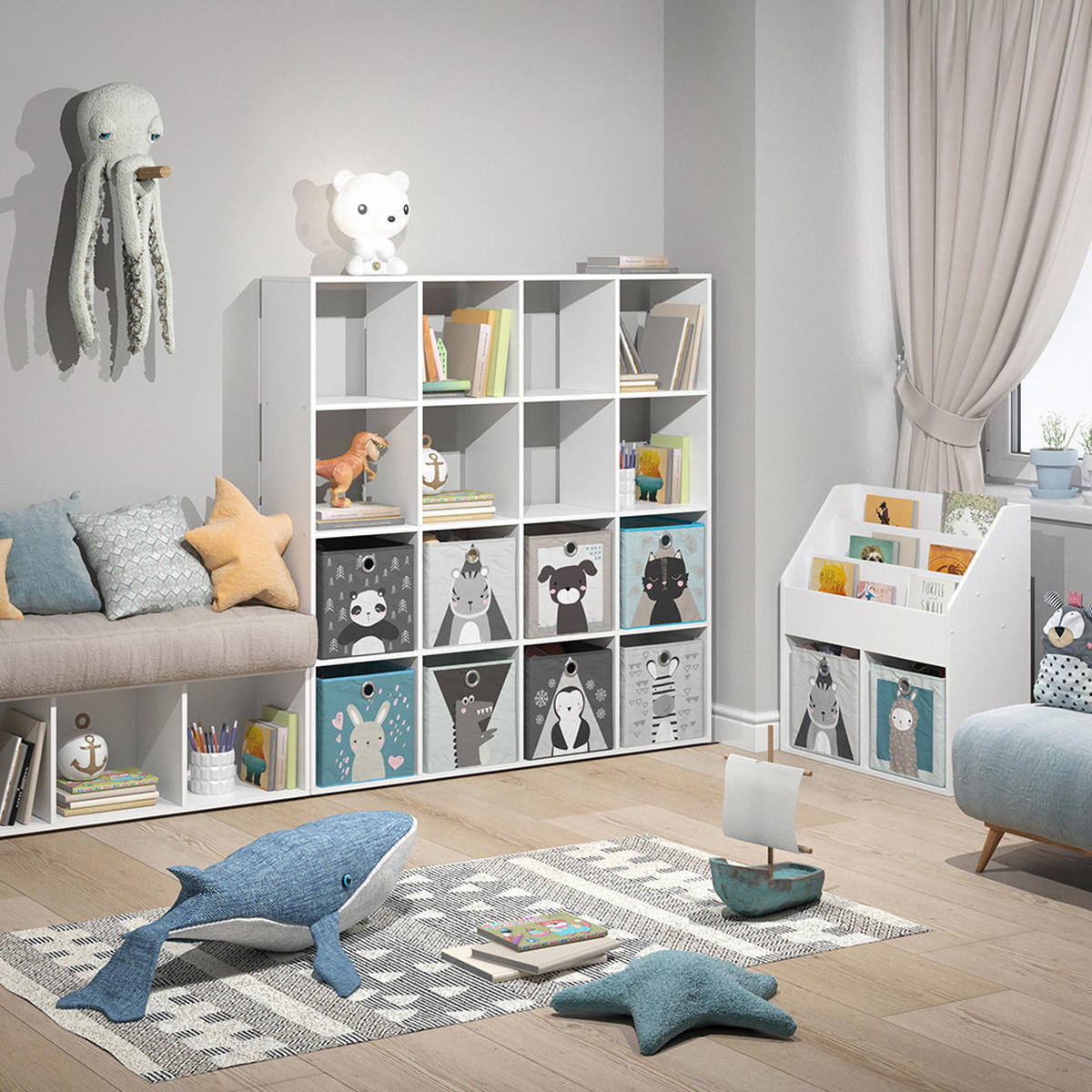 KINDERREGAL Karree Weiß 138.5 x 142.5 cm mit 8 Faltboxen - Weiß, Holzwerkstoff (138.5/142.5/29cm) - Vicco