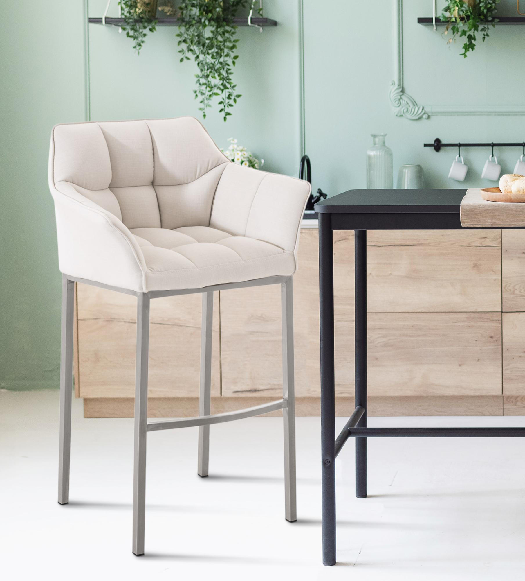 BARHOCKER 2er Set Stoff weiß - Edelstahlfarben/Weiß, Textil/Metall (64/110/48cm) - CLP