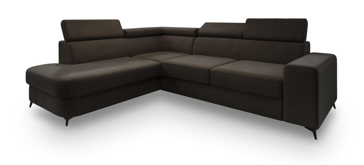ECKSOFA ALVORO L-S Braun Velours-Stoff mit Schlaffunktion - Braun, Holz (253/190cm) - MASSENO