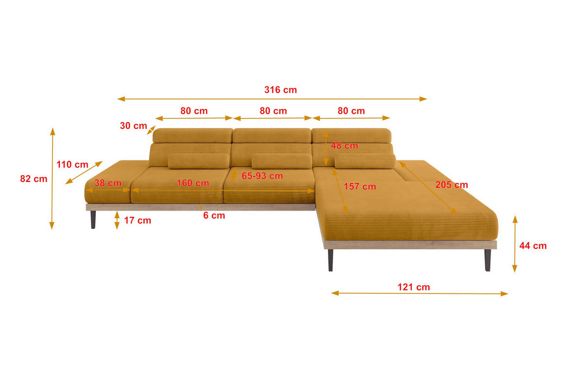 ELEKTRISCHES ECKSOFA Rechts MONA 316x205x85 Senfgelb Cord - Dunkelgelb, Holzwerkstoff/Textil (316/205cm) - ALTDECOR