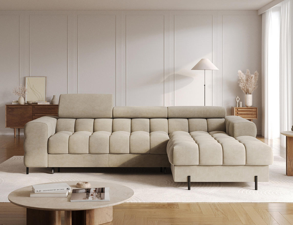 ECKSOFA FELRO mit Schlaffunktion, Bettkasten & verstellbaren Kopfstützen – Modernes Premium-Ecksofa in L-Form - Beige, Kunststoff (181/285cm) - Wohnideebilder