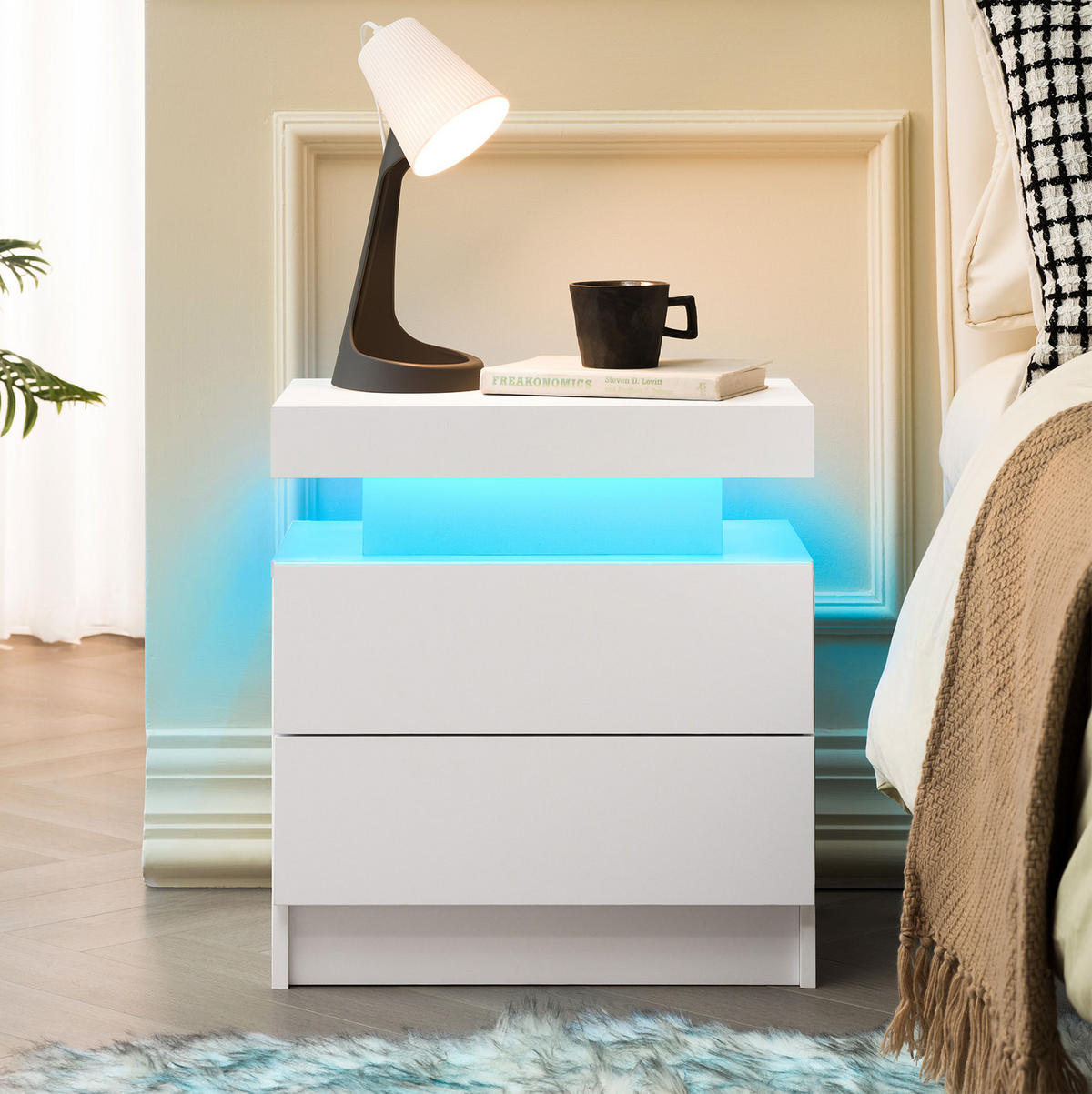 NACHTTISCH 50/53/36 cm Weiß aus Holzwerkstoff mit LED-Beleuchtung - Weiß, Holzwerkstoff (50/36/53cm) - OKMYHOME