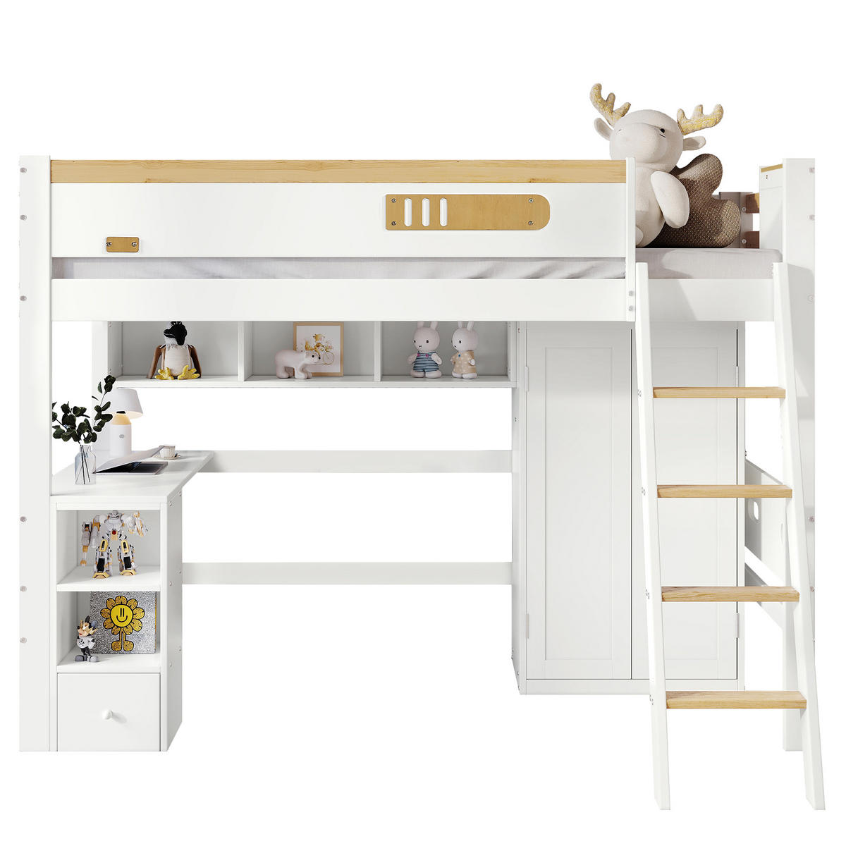 ETAGENBETT 90/200 cm weiß aus Massivholz mit Tisch und Kleiderschrank - Weiß, Holz (90/200cm) - OKWISH