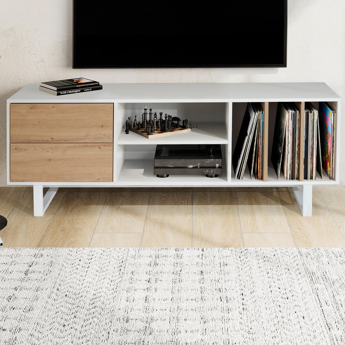 TV-LOWBOARD mit Eiche-Dekor, Schubladen und offenes Regal, modern, Weiß 150x40x55 cm - Weiß, Holzwerkstoff/Metall (150/55/40cm) - KADIMA DESIGN