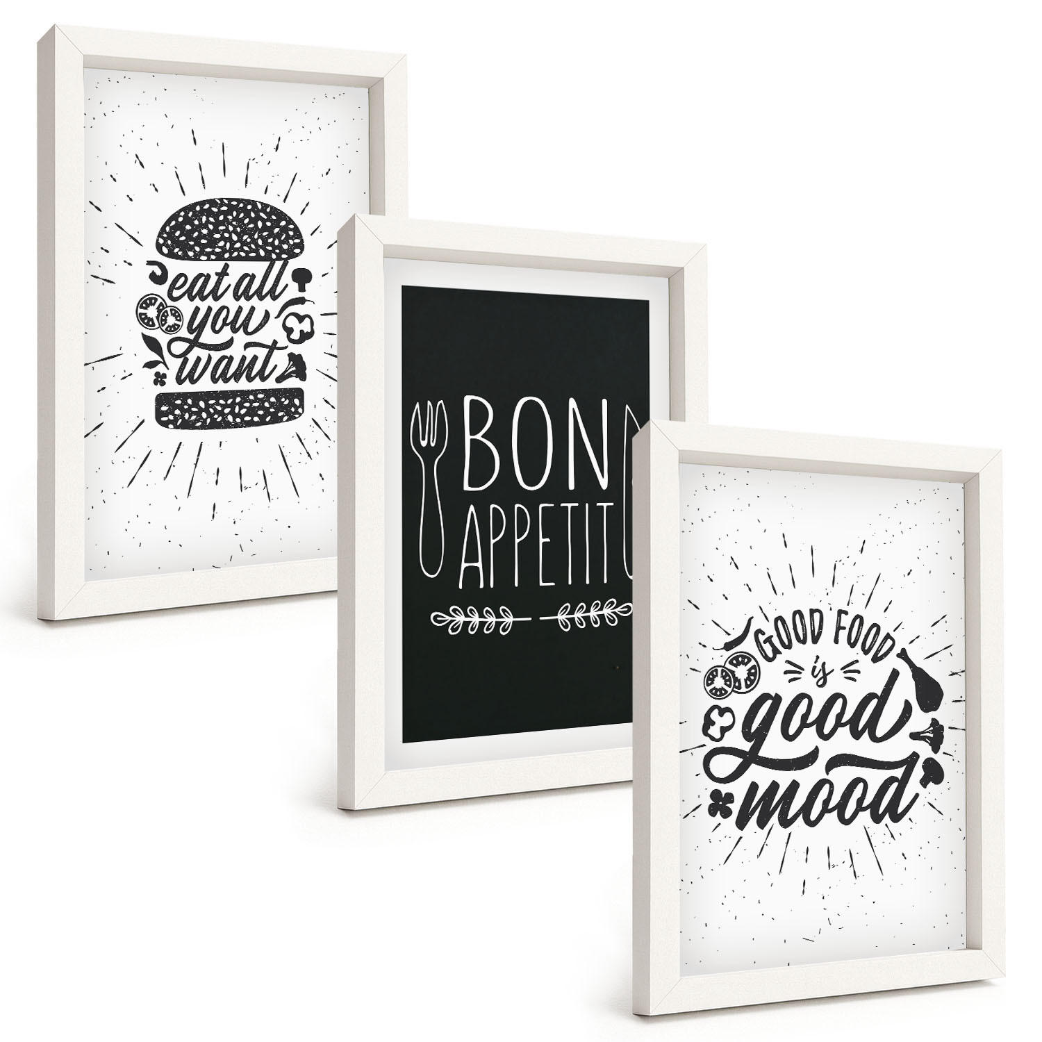 BILDER SET 3er Set - 20x30 cm Weißer Rahmen - Grafiken, Lebensmittel, kulinarische Slogans - Weiß, Kunststoff (20/30cm) - TULUP