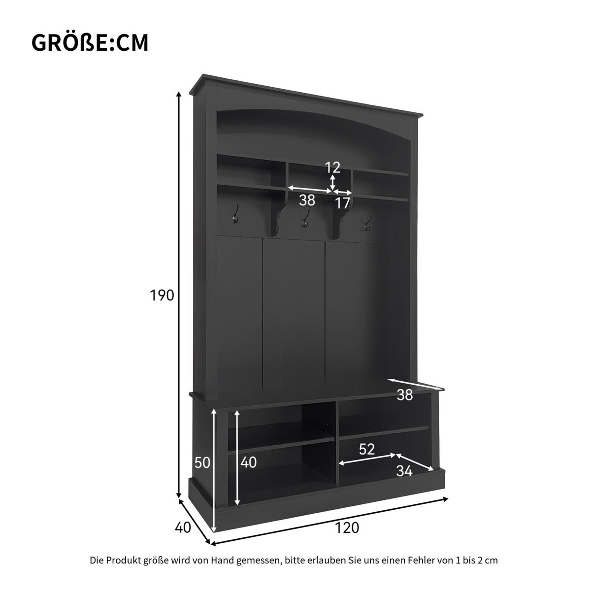 PREDSOBNA klop 120/40/190 cm z obešalniki, 2 nastavljivima policama in odprtim shranjevanjem, Črna - črna, leseni material (40/190/120cm) - Redom